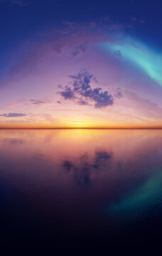 Serene Sunset Over Calm Ocean With Pastel Sky, Reflection And Aurora Colors &mdash; 3D Rendering
