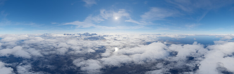 Fototapeta premium Panoramic Aerial View Of Clouds And Sky Over Snowy Mountains And Blue Ocean With Sunlight 3D Rendering