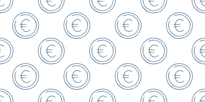 Financial seamless pattern with euro coin icons. Blue line vector background on white with money, currency, coins for business, banking and investment web design. Minimalist simple wallpaper