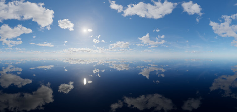 Calm Blue Sky And Cloud Reflection Over Glassy Ocean Horizon With Sunlight &mdash; 3D Rendering