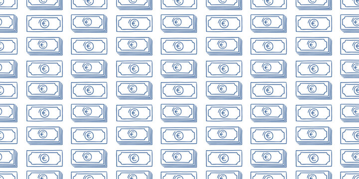 Financial seamless pattern with euro bill stacks. Blue line vector background on white with cash and money notes for business, banking, investment design. Minimalist hand drawn wallpaper