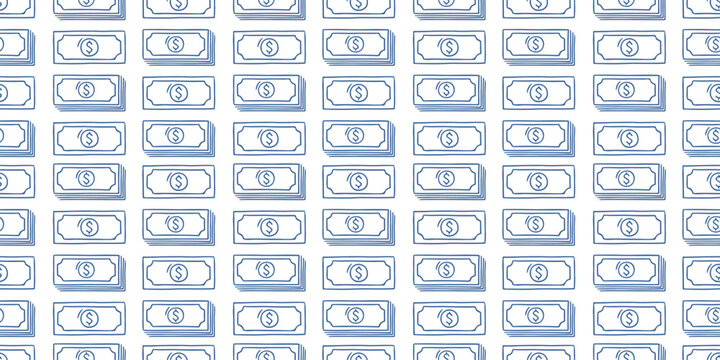 Financial seamless pattern with dollar bill stacks. Blue line vector background on white with cash and money notes for business, banking, investment design. Minimalist hand drawn wallpaper