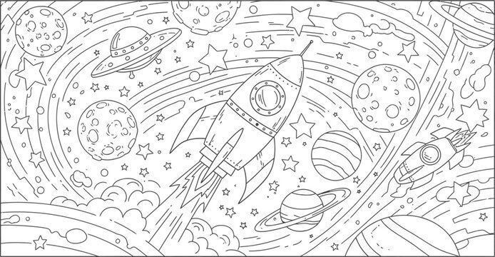 An intricate line drawing of a mystical figure surrounded by swirling patterns and shapes isolated on transparent background