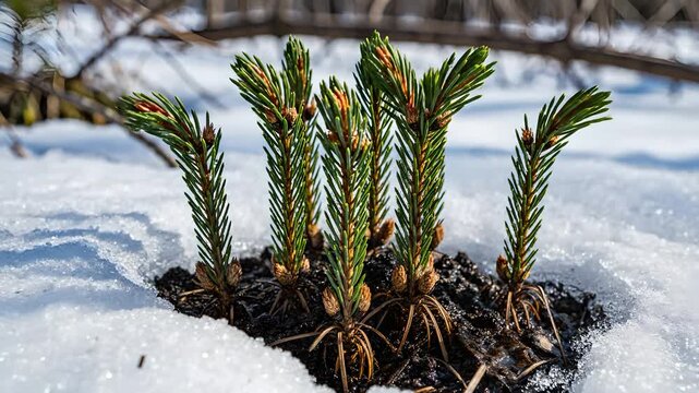 Small evergreen saplings grow and unfurl branches from melting snow in a time-lapse, symbolizing spring, new beginnings, and nature's powerful resilience,