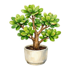Obraz premium A watercolor jade plant in a ceramic pot, featuring thick green succulent leaves and a woody stem in a decorative indoor plant style, isolated on a transparent background.