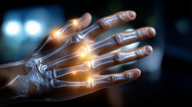 X-ray visualization of a hand showing surgical options for distal radius fracture repair with an orthopedic plate and internal fixation, frontal and lateral view, medical imaging