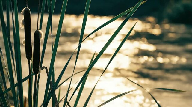 Close up of cattails swaying gently by a riverbank during golden hour with soft sunlight reflecting on flowing water creating a