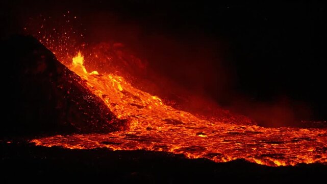 Erupting volcano with flowing lava in dark dramatic lighting for documentary