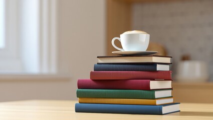 Fototapeta premium Cozy Reading Moment: Stack of Books with Coffee