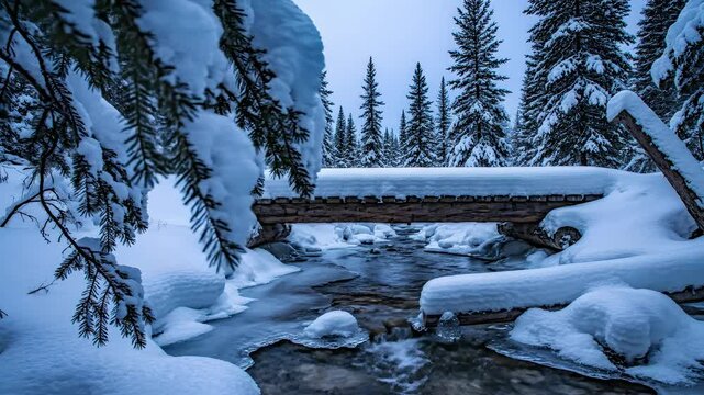 Snow-covered winter forest reveals a tranquil frozen stream and rustic wooden bridge, perfect for serene holiday, travel, nature, or seasonal marketing content.