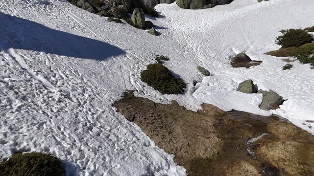 Drone Waterfall Reveal Over Snow Streams in Serra da Estrela