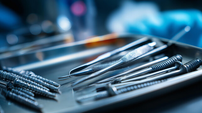 Close-up flat-lay of an orthopedic implant set including surgical screws, bone plates, and fixation rods, medical equipment and surgical instruments concept, with copy space