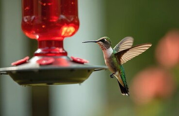 Fototapeta premium Small hummingbird hovers near red feeder, wings blurred in motion. Bird drinks nectar from container. Green background with soft orange bokeh adds natural beauty.