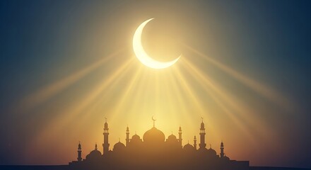 Obraz premium Crescent moon over mosque silhouette at sunset with sun rays