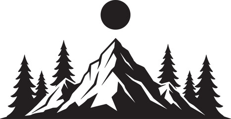 Fototapeta premium Mountain landscape with pine trees and moon, black silhouettes of nature scene, night sky, outdoor environment, vector illustration