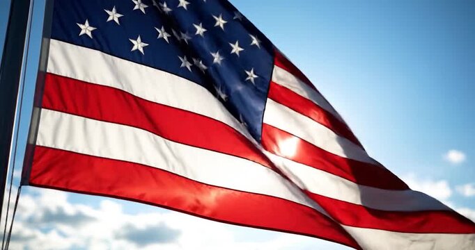 American flag waving brightly under a sunny blue sky