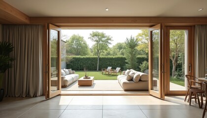 Fototapeta premium Open bi-fold wood doors lead to minimalist living room. Contemporary sofas face garden with green lawn, trees, and outdoor chairs. Bright sunny day provides natural light.