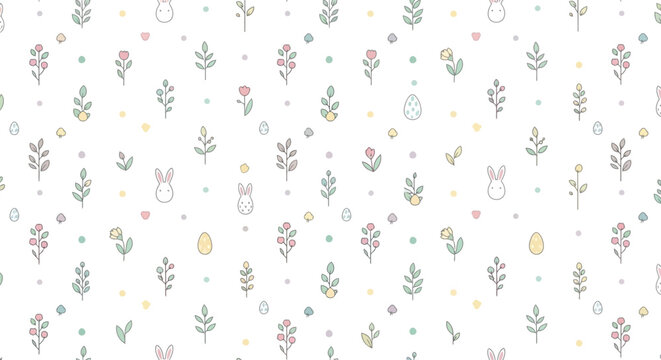 Easter Seamless Pattern with Eggs and Spring Elements Flat Vector Background
