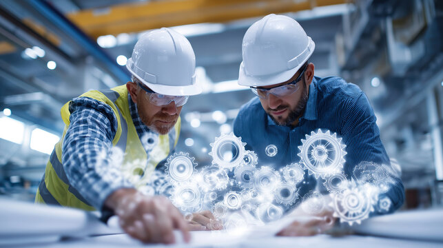 Two engineers in helmets examine blueprints as glowing holographic gears materialize above their work.