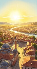 Obraz premium Sun shining over an old town with a mosque and river. Aerial view of a city center with warm solar rays and lens flare. Artistic illustration of a peaceful urban sunset landscape.
