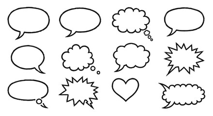 Fototapeta premium hand-drawn speech bubbles and thought clouds in various shapes isolated on white background perfect for communication and graphic design projects.