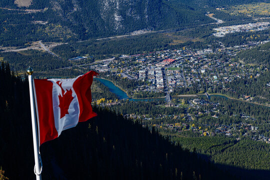 Banff Town Aerial View with Canadian Flag
