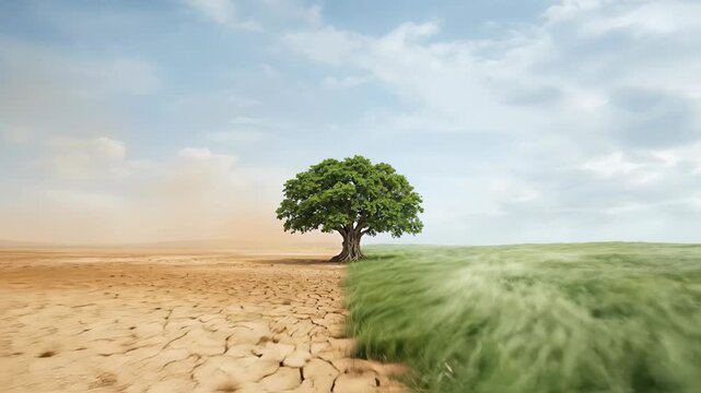 Solitary tree standing as a stark symbol of climate change, with one side showing arid, cracked desert earth and the other a lush, green field swaying in the wind under a blue sky