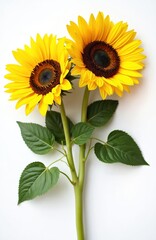 Fototapeta premium Two bright yellow sunflowers with dark centers stand tall against plain white background. Vibrant petals, green leaves suggest summer, natural beauty. Image emphasizes form, ideal for nature