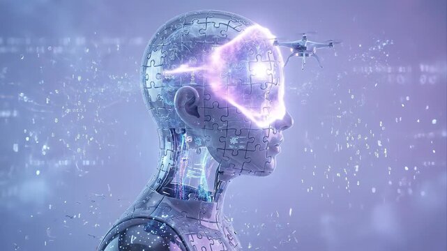 Advanced drone inserting a glowing puzzle piece into a humanoid robot's brain, symbolizing artificial intelligence development, machine learning, and technological singularity concepts