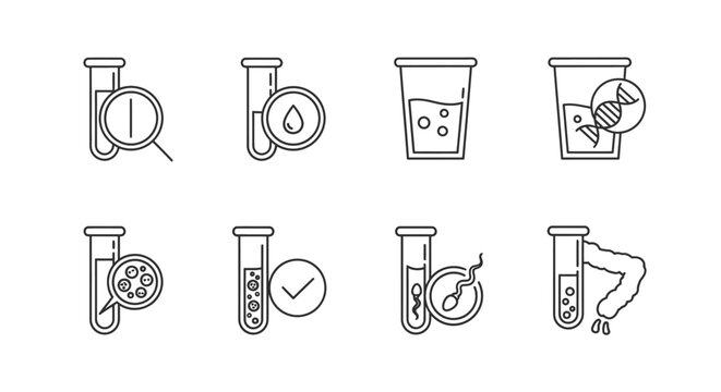 medical laboratory diagnostic tests line icons collection illustrating various health examinations and scientific analysis concepts.