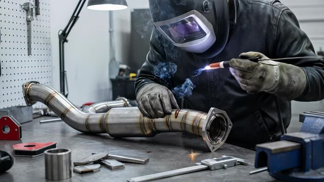 Skilled metalworker in a protective helmet using a tig torch to weld a custom stainless steel car exhaust system in a fabrication shop, creating bright sparks and smoke