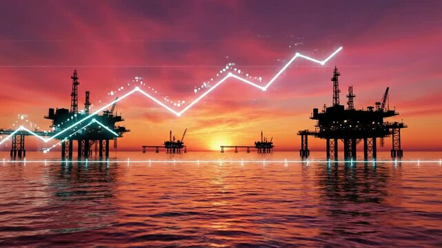 Offshore oil rig platforms silhouette at sunset with glowing digital financial growth charts and rising stock market data