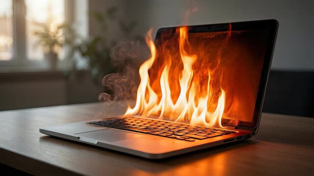 Overheating laptop catching fire on a wooden office desk, representing data loss, hardware failure, system overload, insurance claims, or a dangerous electronic equipment hazard