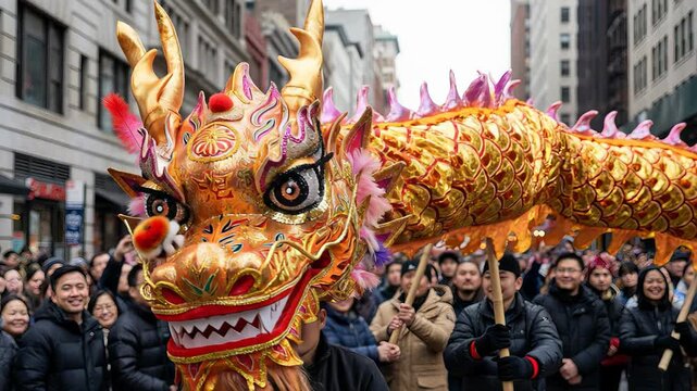 Large golden chinese dragon dancing through a crowded street during a vibrant lunar new year parade. People in the background are watching and smiling at the traditional celebration of the holiday