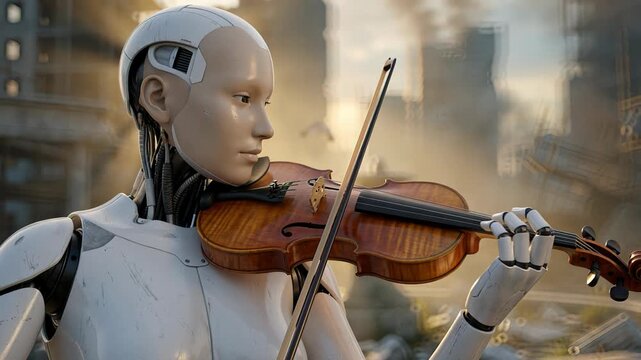 Female humanoid robot playing a classical violin melody amidst the ruins of a post apocalyptic city, symbolizing the persistence of art and hope in a dystopian future at sunset