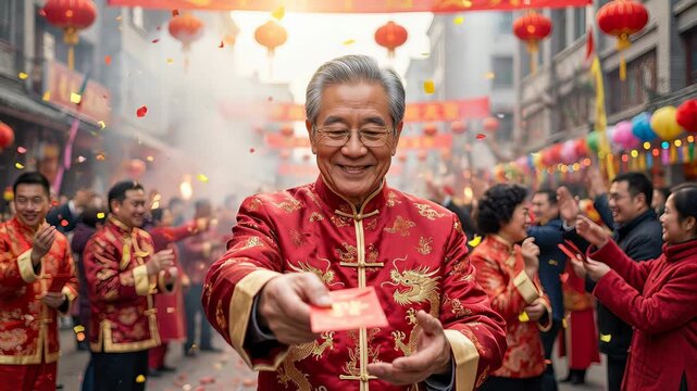 Elderly asian man in a traditional red tang suit smiling and offering a red envelope, or hongbao, towards the camera during a bustling chinese new year street parade with confetti and fireworks