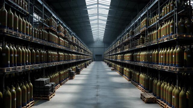 Huge industrial warehouse interior with neatly organized rows of flammable gas cylinders stored on tall racks, showing the vast scale of a modern large scale storage facility