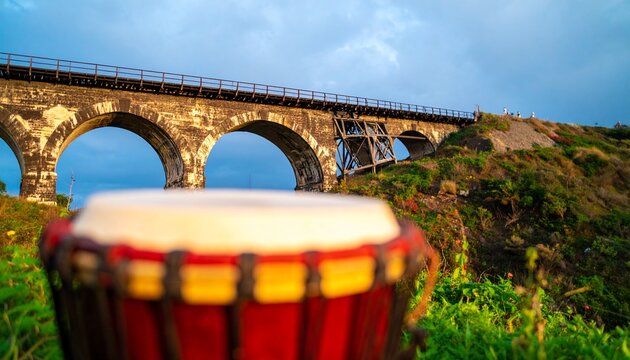 vibrant beduk drum in front of historic stone arch bridge with lush greenery