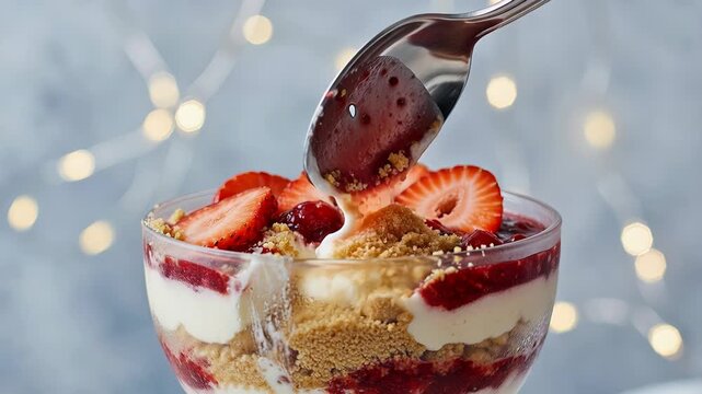 Delicious strawberry trifle with fresh berries, cream cheese, and cookie crumbs being eaten with a spoon from a glass bowl, against a beautiful background with sparkling bokeh lights