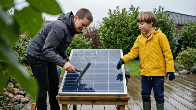 Young mother teaching her son about renewable energy by cleaning a photovoltaic solar panel together in their backyard, highlighting education, sustainability, and family bonding on a rainy day
