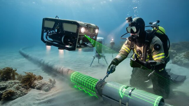 Professional diver performing maintenance on a submarine pipeline, assisted by a remotely operated vehicle - rov - which scans the infrastructure with a green laser for damage assessment