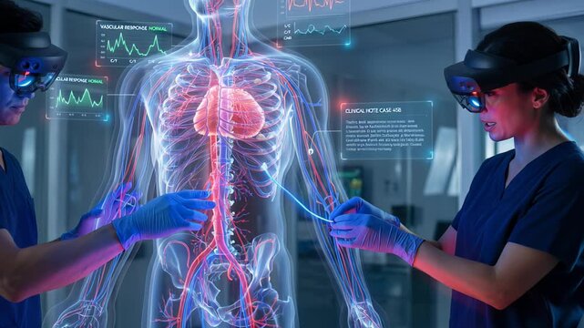 Two medical students wearing ar headsets collaborate over a holographic circulatory system, interacting with digital data to simulate a virtual cardiovascular procedure and training session