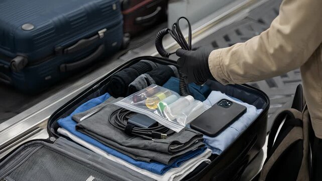 Man wearing black gloves packing personal items and electronics into a carry on suitcase on a conveyor belt, meticulously arranging belongings for airport security screening before a flight
