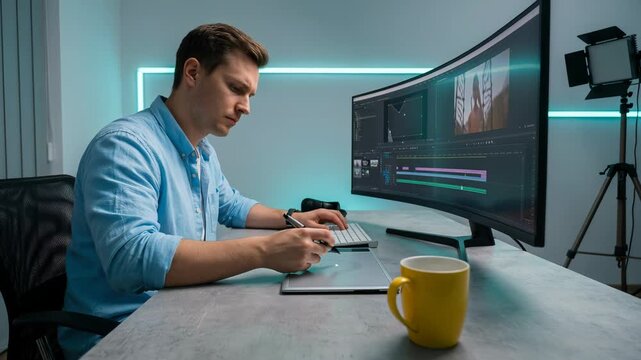 Focused content creator using a graphics tablet and a professional computer for video editing, color correction, and sound design in a modern studio with neon lights