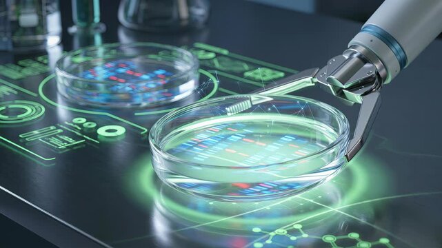 Advanced robotic arm manipulating a petri dish in a high tech laboratory, performing genetic research and dna analysis on a futuristic, glowing interface with holographic data projections