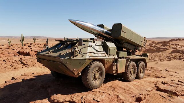 Armored military vehicle equipped with a ballistic rocket launcher system maneuvering through a remote, rocky desert landscape under a clear blue sky, kicking up dust from its large wheels