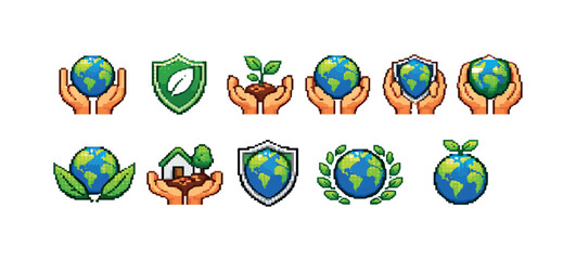 Fototapeta premium Pixel art icons representing Earth care, sustainability, and environmental protection