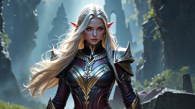 Blonde elf warrior princess wearing ornate gold and dark purple armor standing in front of ancient castle ruins in a misty mountain landscape.