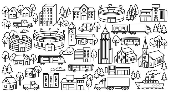 Outline city map vector icons with houses buildings and transport
