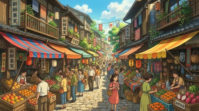 Vibrant Japanese street market with colorful stalls and bustling crowd